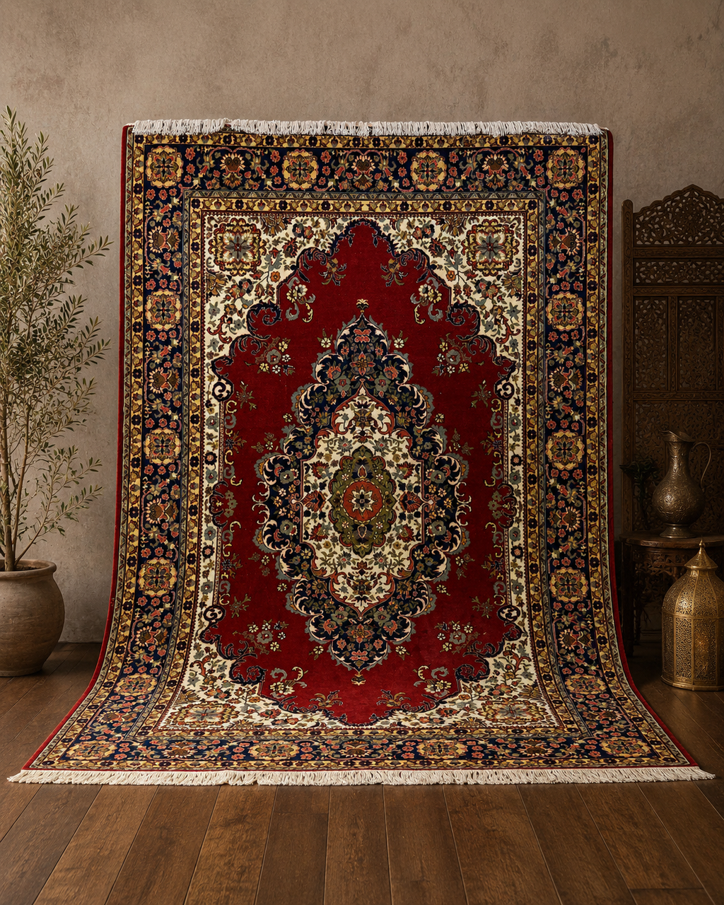Vintage Turkish Handmade Oriental Rug 7x10 Red Floral Wool Carpet 1970s