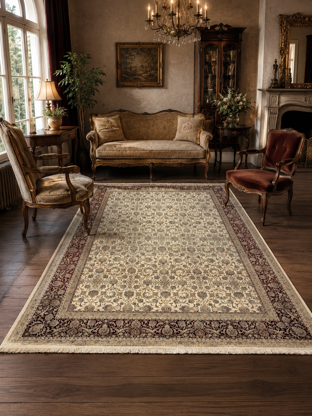 Brand New 7x10 Ft Luxury Turkish Silk Blend Rug – Ivory Burgundy Oriental Area Carpet