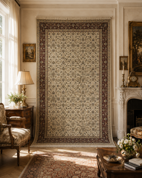 Brand New 7x10 Ft Luxury Turkish Silk Blend Rug – Ivory Burgundy Oriental Area Carpet