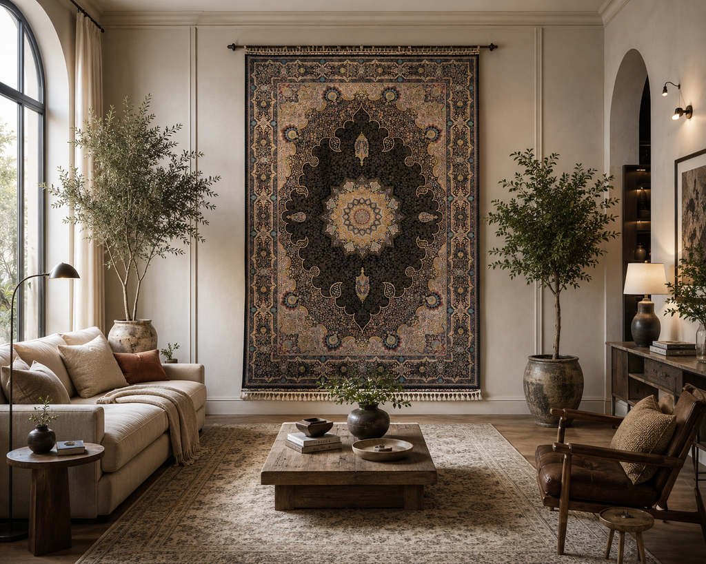 Brand New 7x10 Ft Luxury Turkish Silk Blend Rug – Black Oriental Medallion Carpet