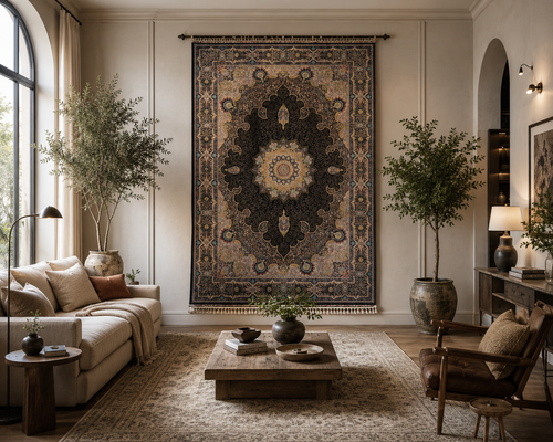 Brand New 7x10 Ft Luxury Turkish Silk Blend Rug – Black Oriental Medallion Carpet