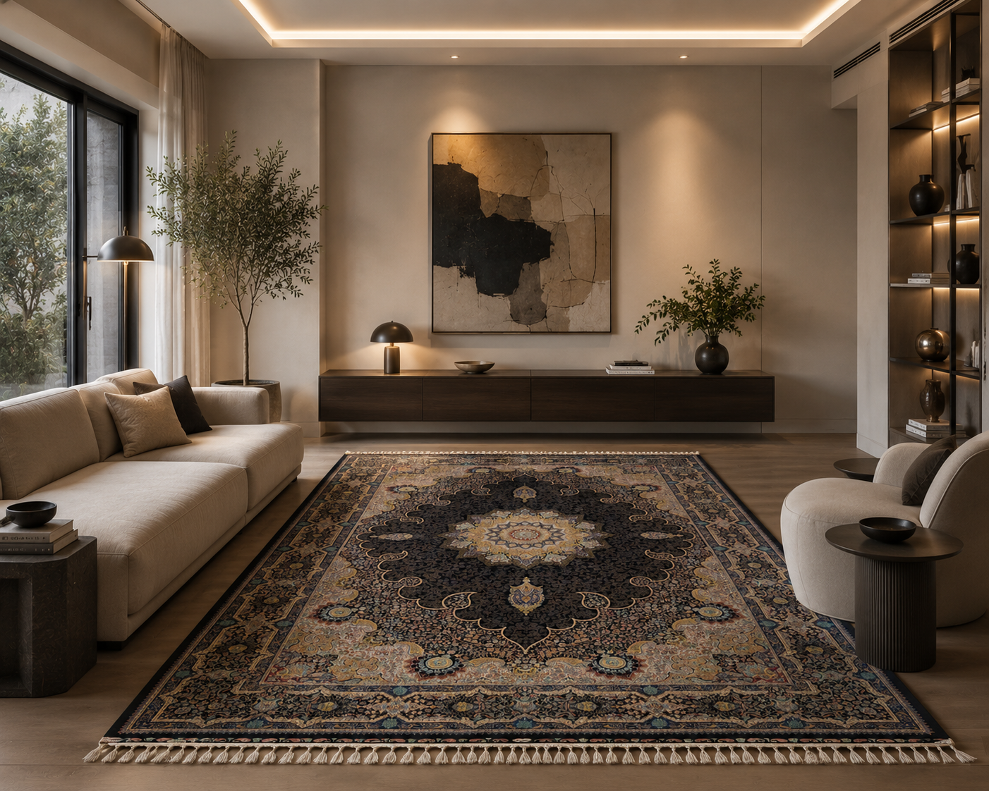 Brand New 7x10 Ft Luxury Turkish Silk Blend Rug – Black Oriental Medallion Carpet