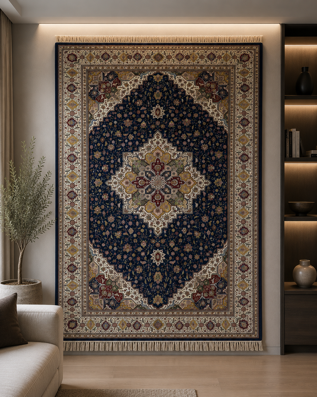 Turkish Silk Area Rug 7x10 Ft Navy Blue Floral Machine-Woven Luxury Carpet