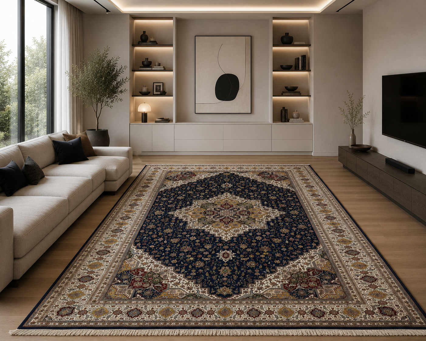 Turkish Silk Area Rug 7x10 Ft Navy Blue Floral Machine-Woven Luxury Carpet