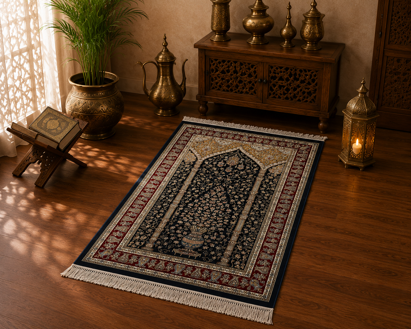 Turkish Silk Prayer Rug Black Islamic Seccade 2x4 Ft Brand New