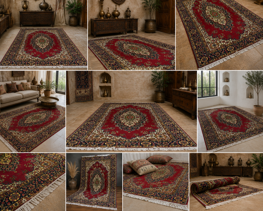 Vintage Turkish Handmade Oriental Rug 7x10 Red Floral Wool Carpet 1970s