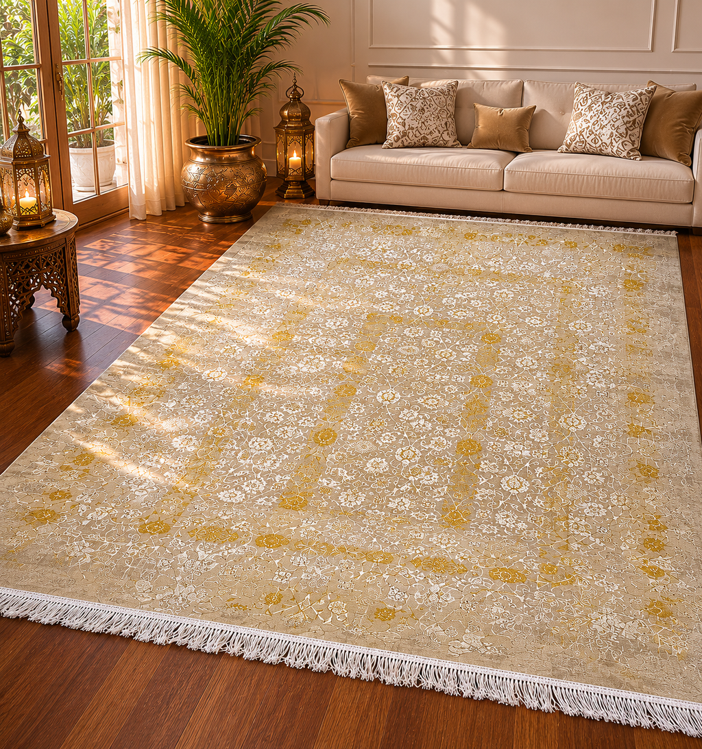 Luxury Turkish Silk Rug 7x10 Ft Gold Beige Modern Oriental Area Carpet brand new