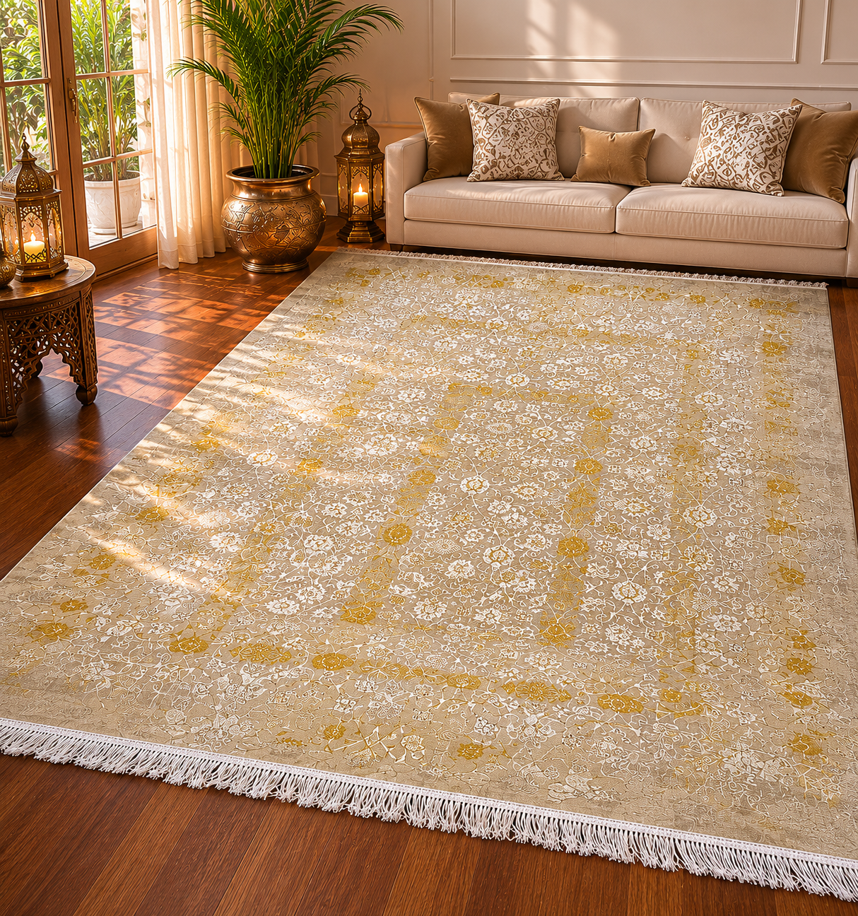 Luxury Turkish Silk Rug 7x10 Ft Gold Beige Modern Oriental Area Carpet brand new