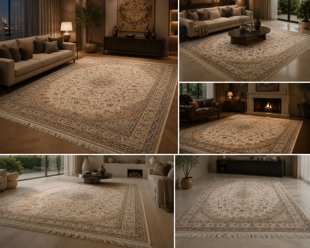 Luxury Turkish Silk Rug 7x10 Ft Beige Ivory Floral Oriental Area Carpet new