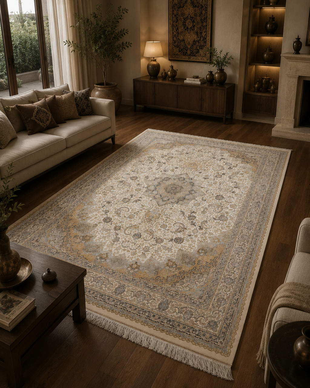 Luxury Turkish Silk Rug 7x10 Ft Beige Ivory Floral Oriental Area Carpet new