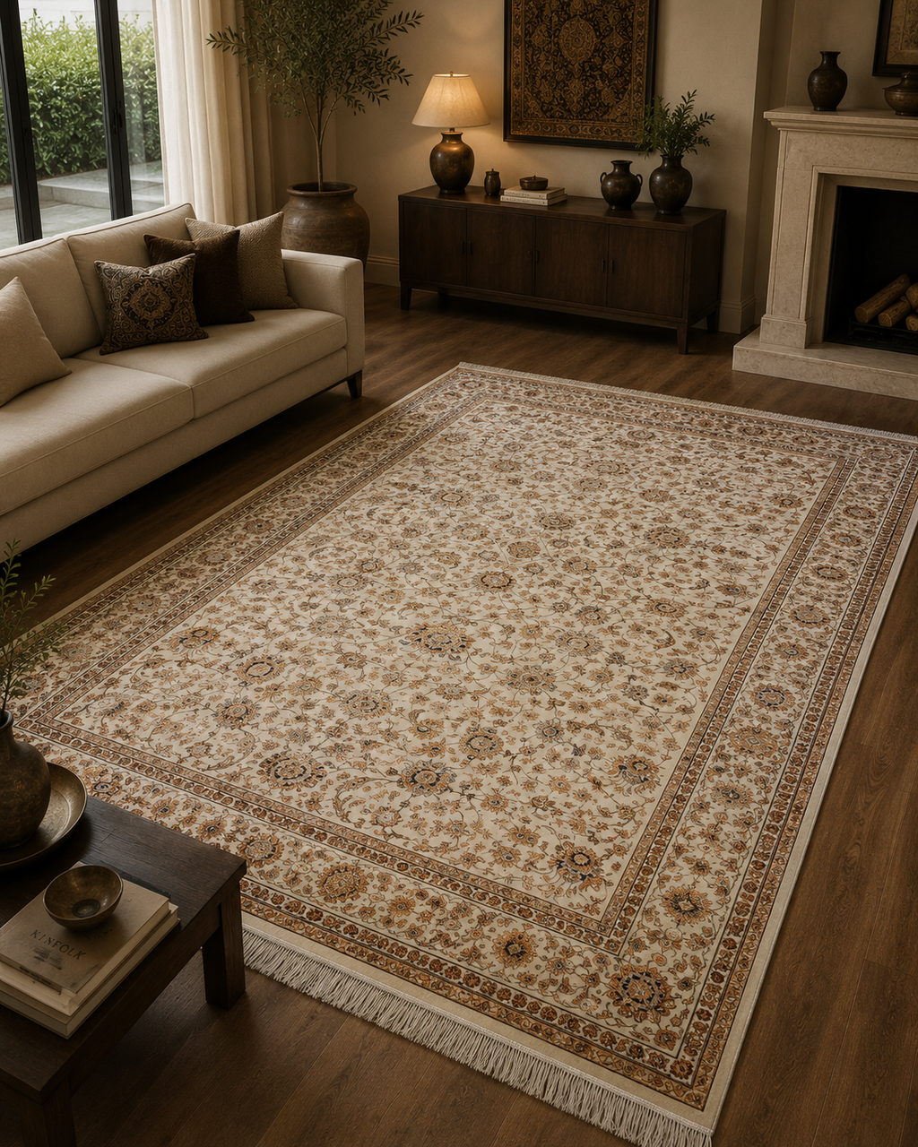 Luxury Turkish Silk Rug 7x10 Ft Beige Ivory Oriental Area Carpet Handmade Fringe