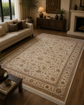 Luxury Turkish Silk Rug 7x10 Ft Beige Ivory Oriental Area Carpet Handmade Fringe