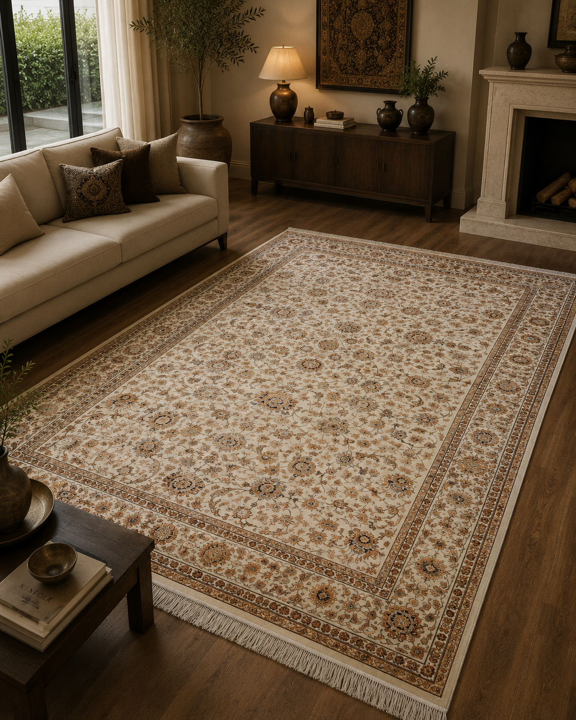 Luxury Turkish Silk Rug 7x10 Ft Beige Ivory Oriental Area Carpet Handmade Fringe