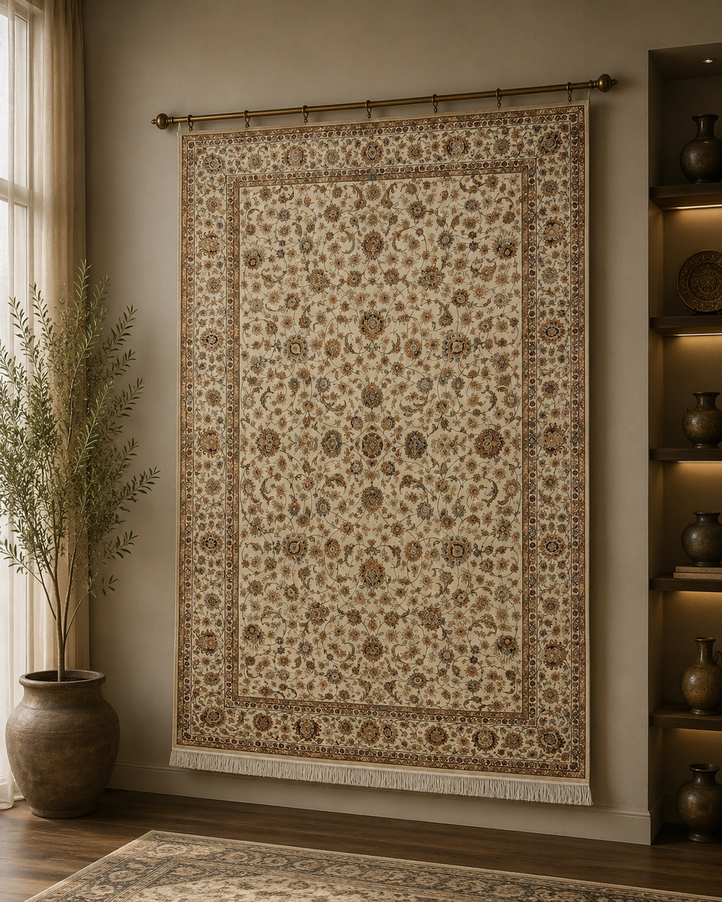 Luxury Turkish Silk Rug 7x10 Ft Beige Ivory Oriental Area Carpet Handmade Fringe