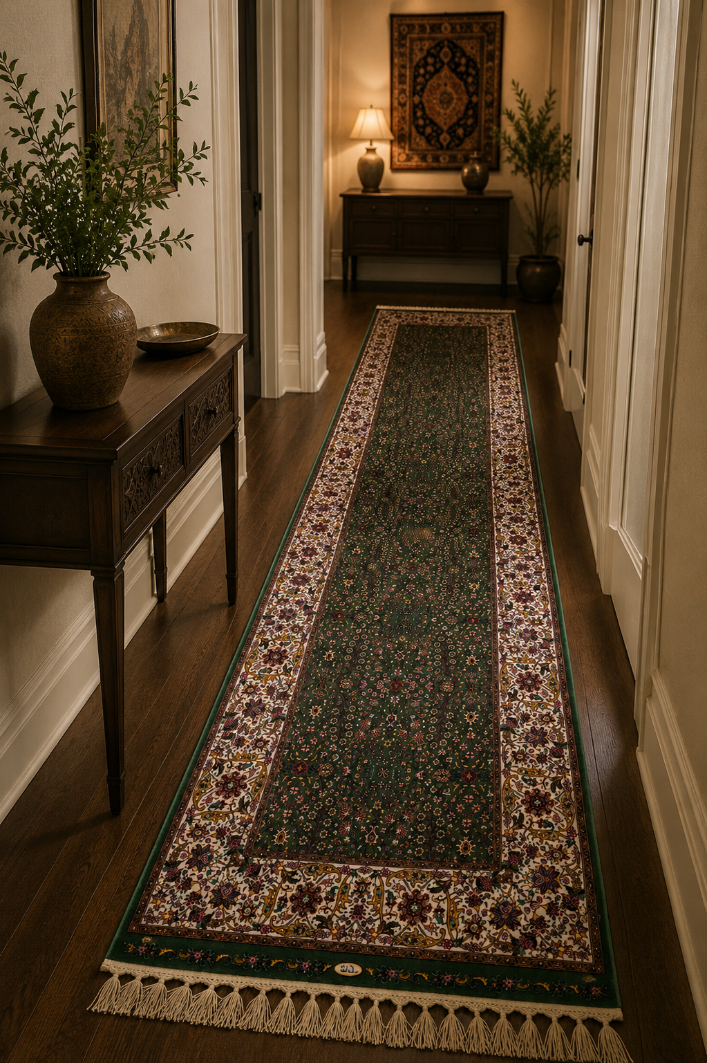 Turkish Silk Runner Rug 3x10 Green Floral Oriental Hallway Rug Brand New