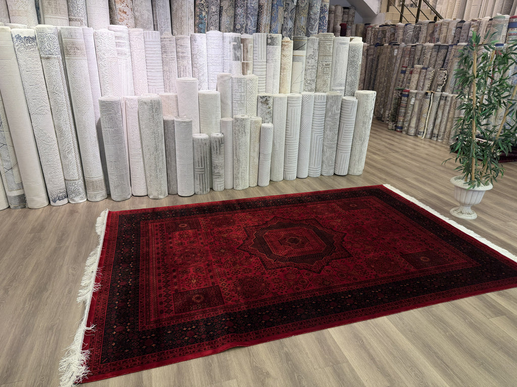 Heritage Turkish Silk Blend Area Rug – Red & Black – 7' x 10'