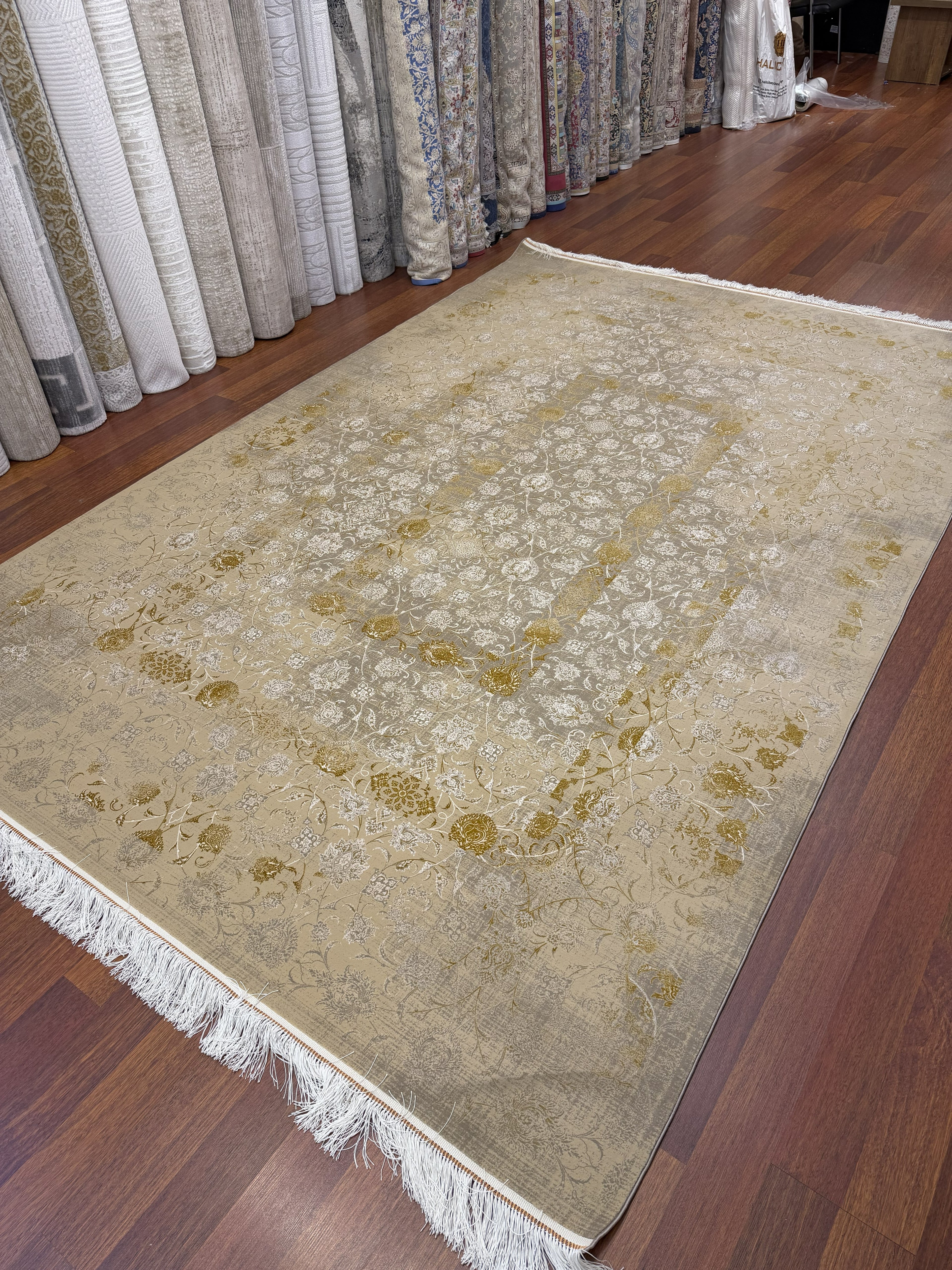 Luxury Turkish Silk Rug 7x10 Ft Gold Beige Modern Oriental Area Carpet brand new