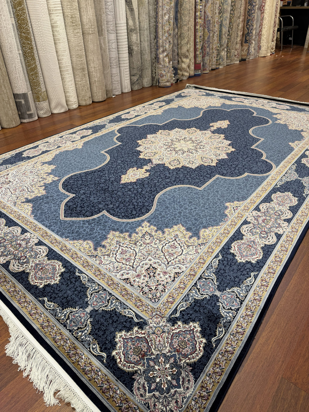 Luxury Turkish Silk Rug 7x10 Ft Navy Blue Ivory Persian Oriental Area Carpet New