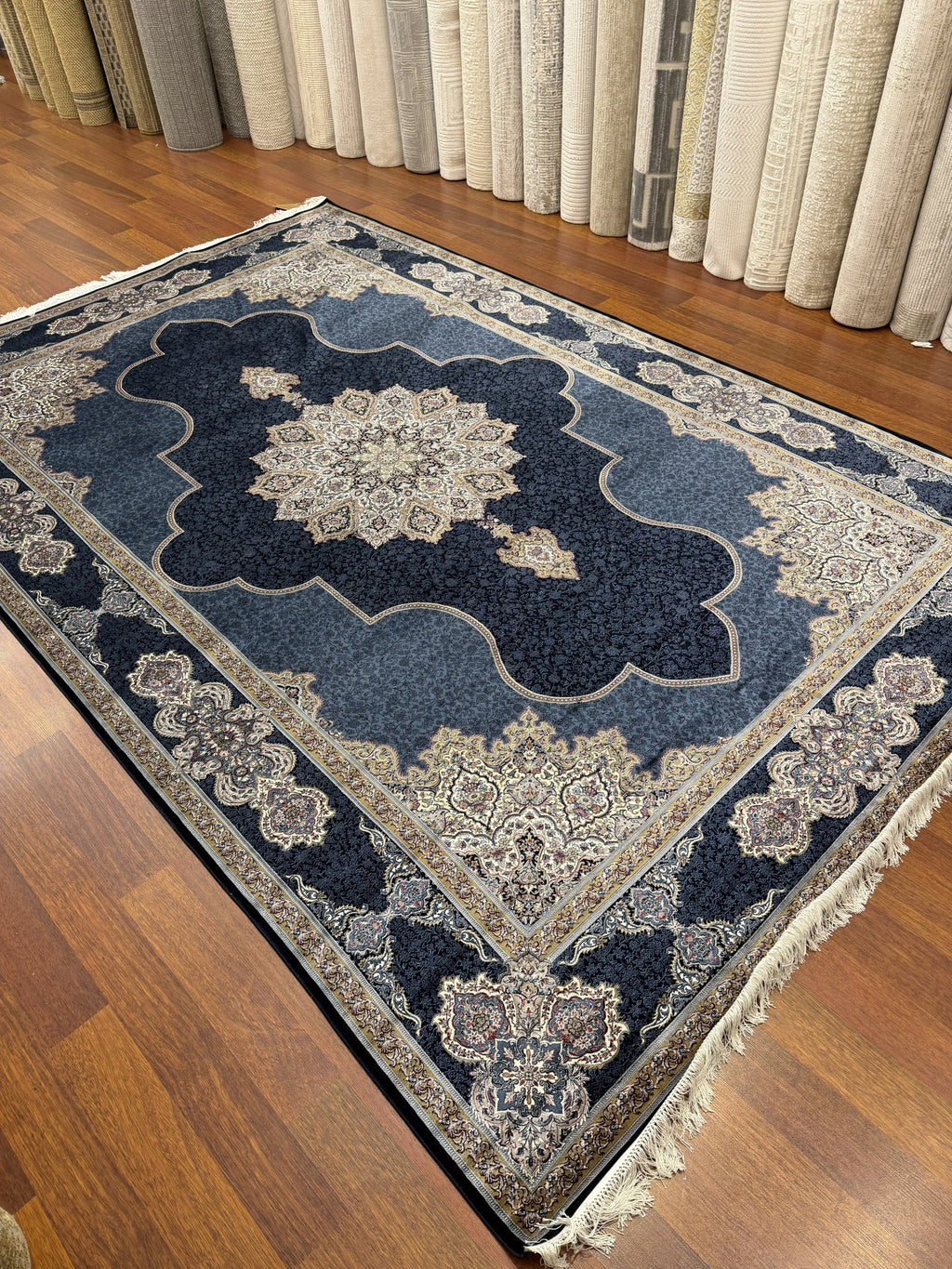 Luxury Turkish Silk Rug 7x10 Ft Navy Blue Ivory Persian Oriental Area Carpet New
