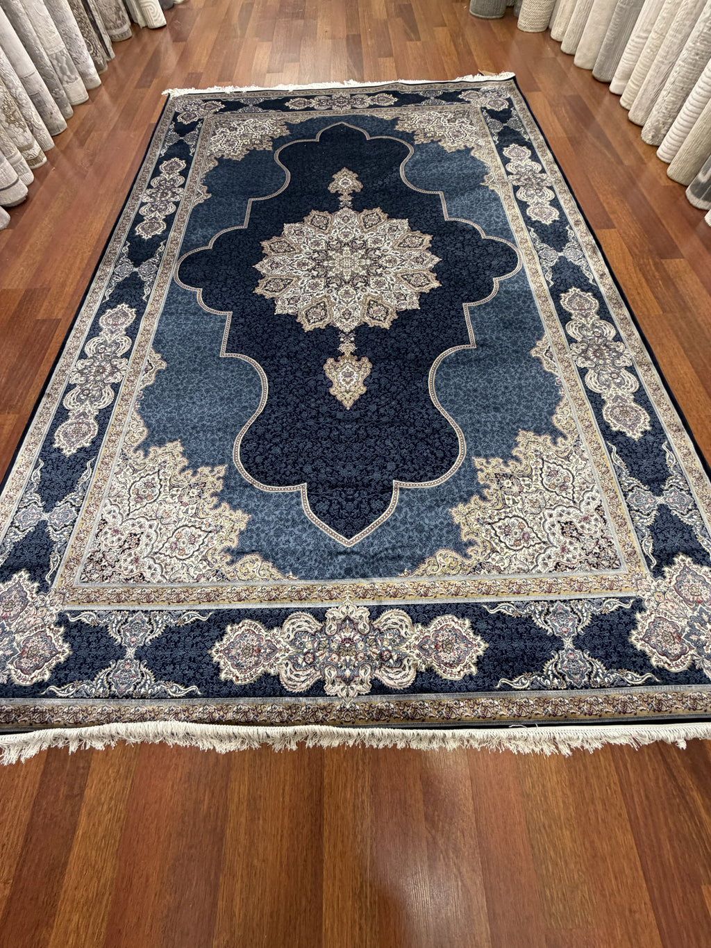 Luxury Turkish Silk Rug 7x10 Ft Navy Blue Ivory Persian Oriental Area Carpet New