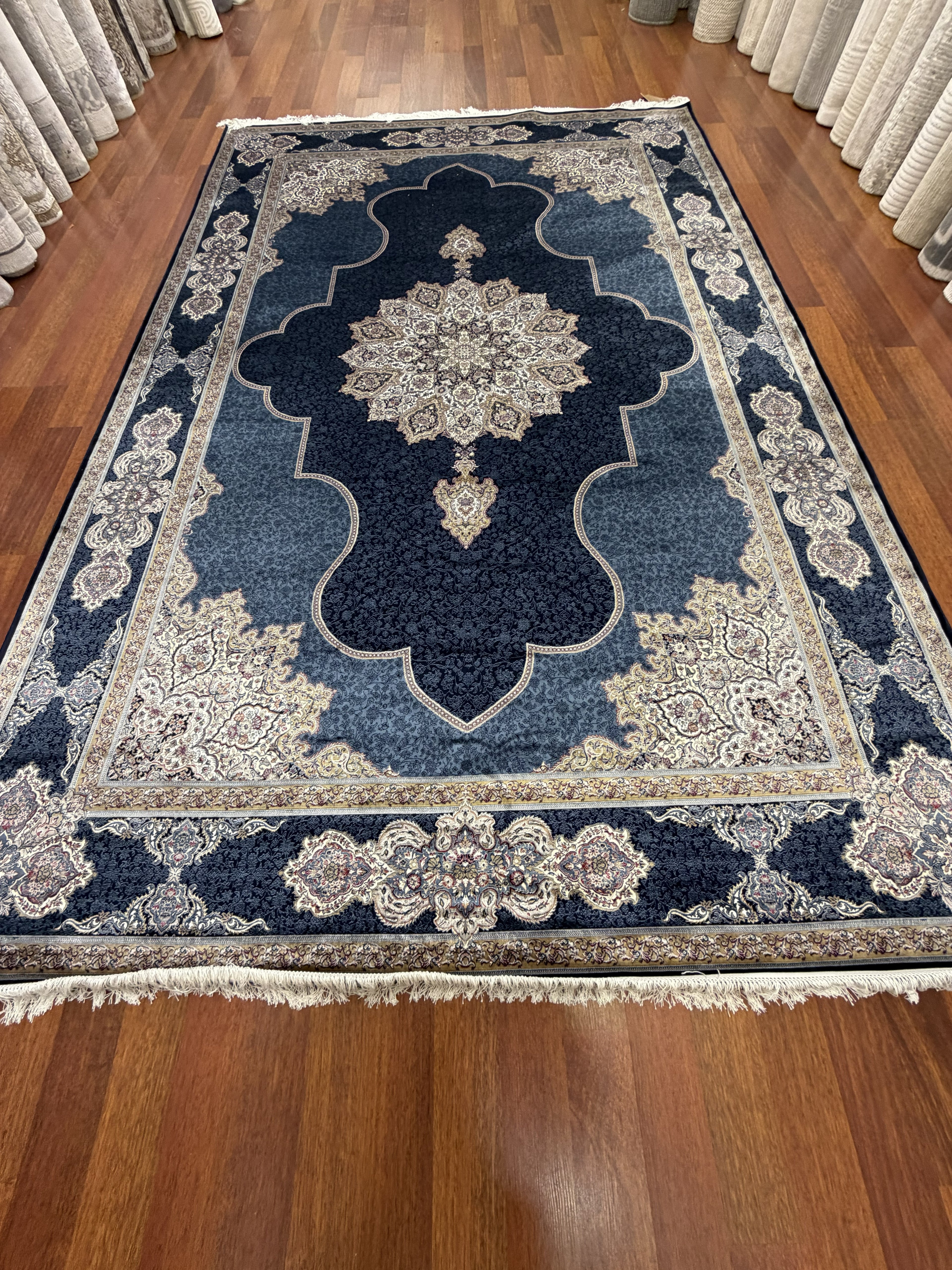 Luxury Turkish Silk Rug 7x10 Ft Navy Blue Ivory Persian Oriental Area Carpet New