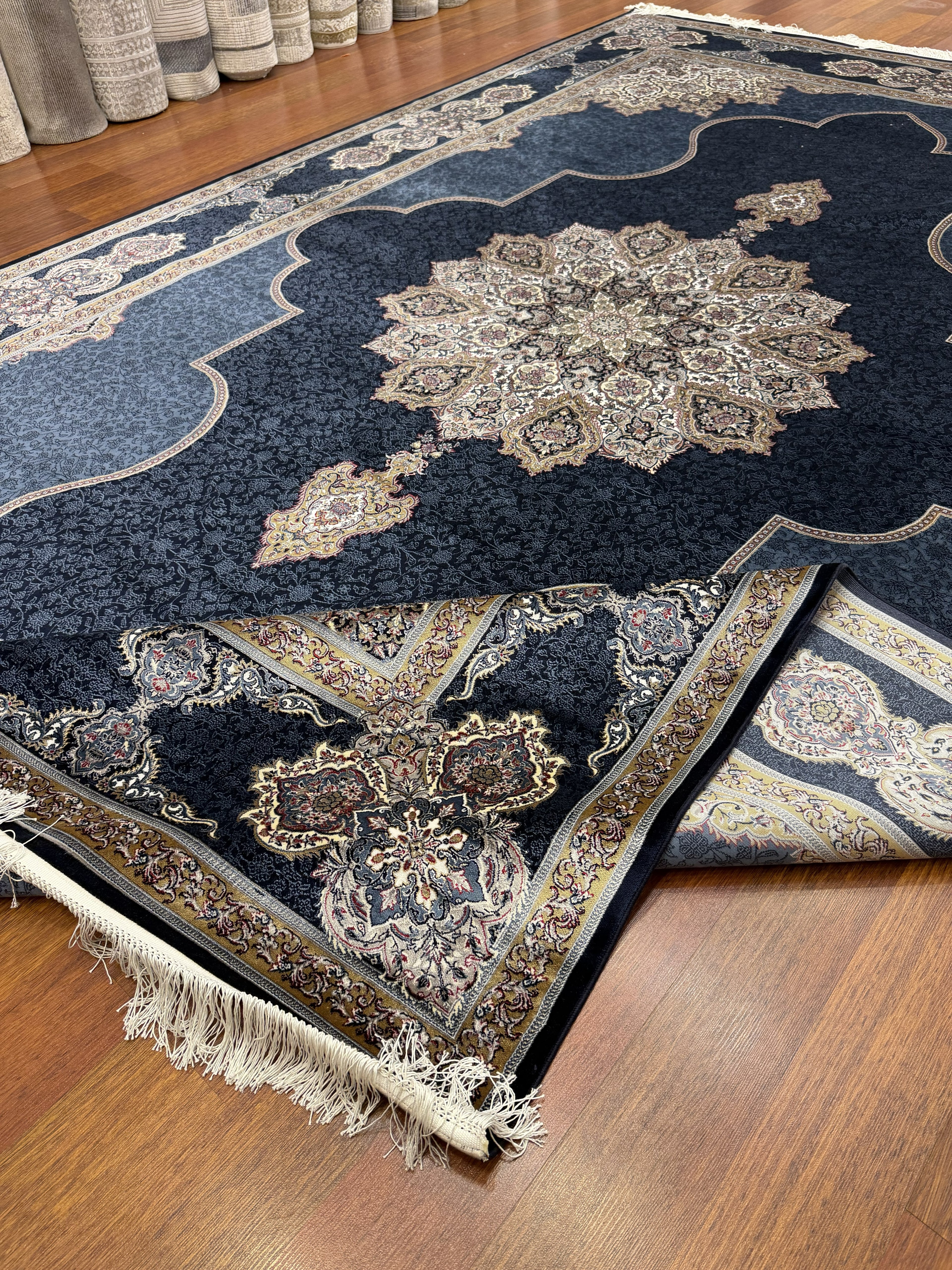 Luxury Turkish Silk Rug 7x10 Ft Navy Blue Ivory Persian Oriental Area Carpet New