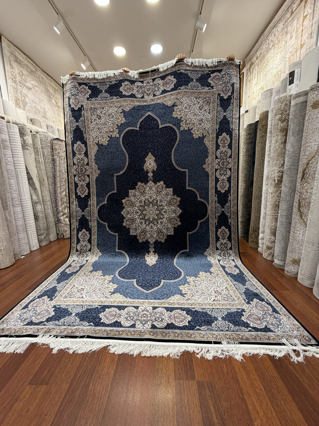 Luxury Turkish Silk Rug 7x10 Ft Navy Blue Ivory Persian Oriental Area Carpet New