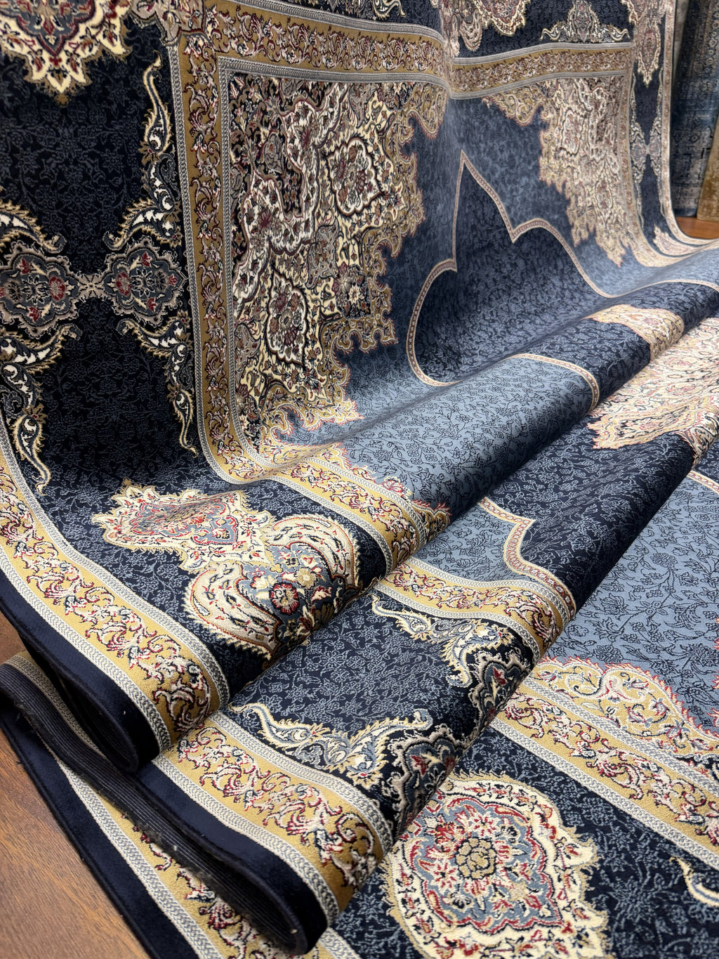 Luxury Turkish Silk Rug 7x10 Ft Navy Blue Ivory Persian Oriental Area Carpet New