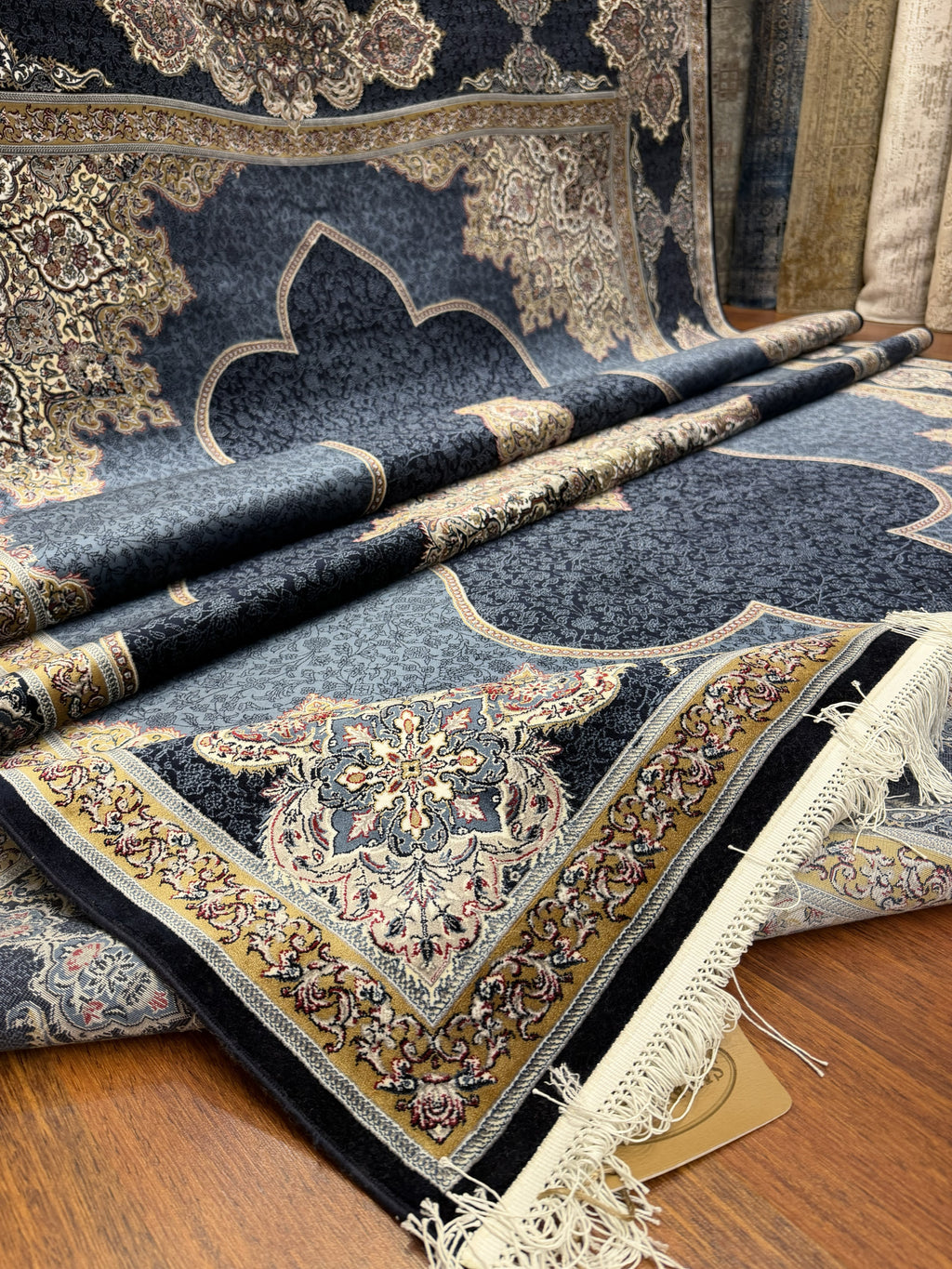 Luxury Turkish Silk Rug 7x10 Ft Navy Blue Ivory Persian Oriental Area Carpet New