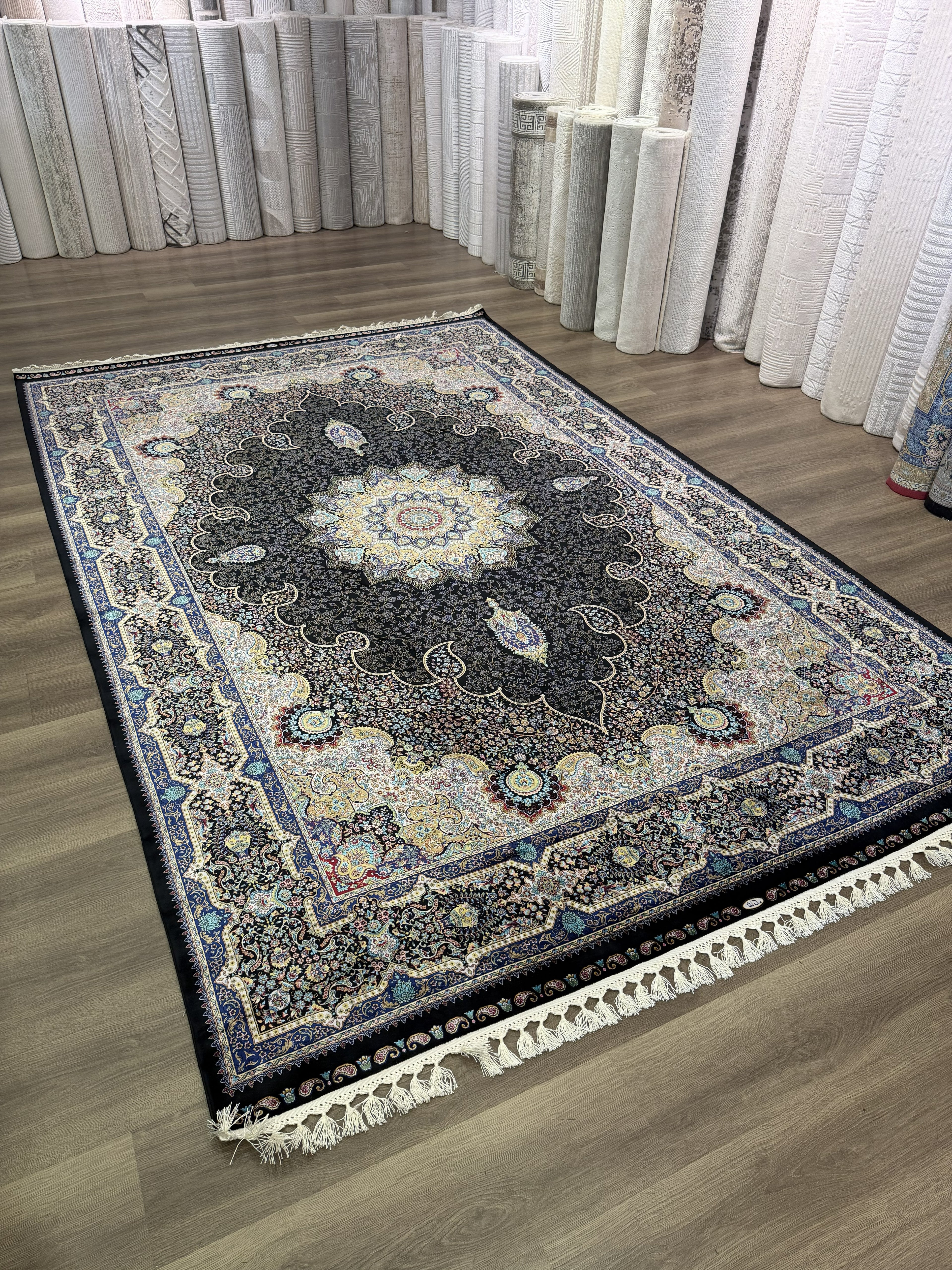 Brand New 7x10 Ft Luxury Turkish Silk Blend Rug – Black Oriental Medallion Carpet