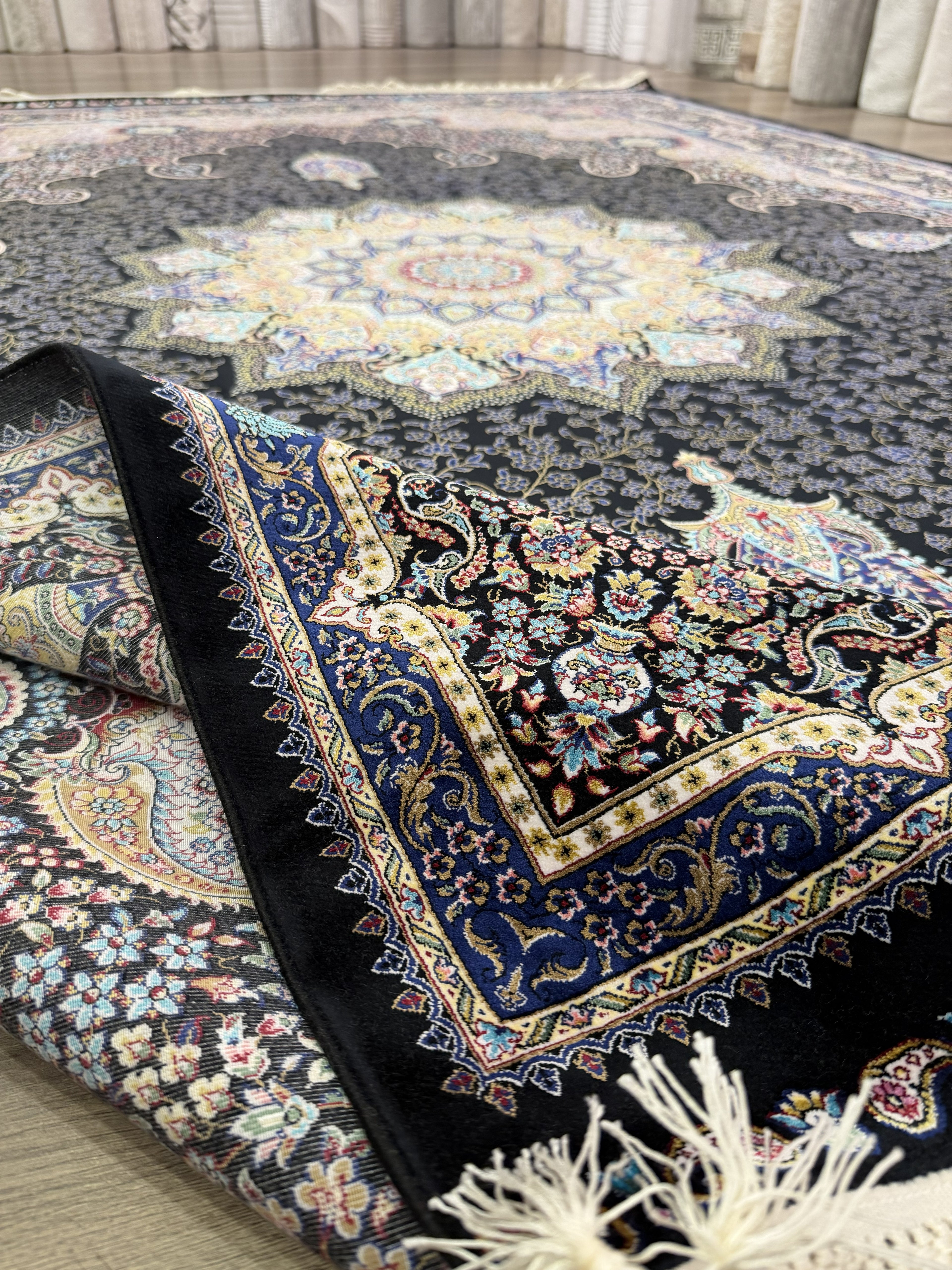 Brand New 7x10 Ft Luxury Turkish Silk Blend Rug – Black Oriental Medallion Carpet