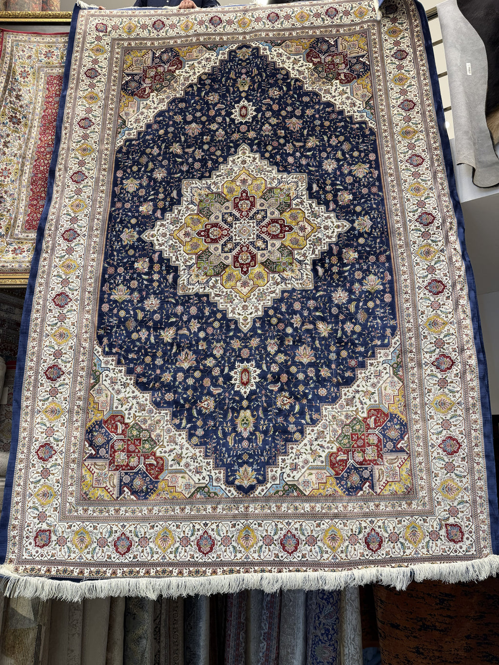 Turkish Silk Area Rug 7x10 Ft Navy Blue Floral Machine-Woven Luxury Carpet