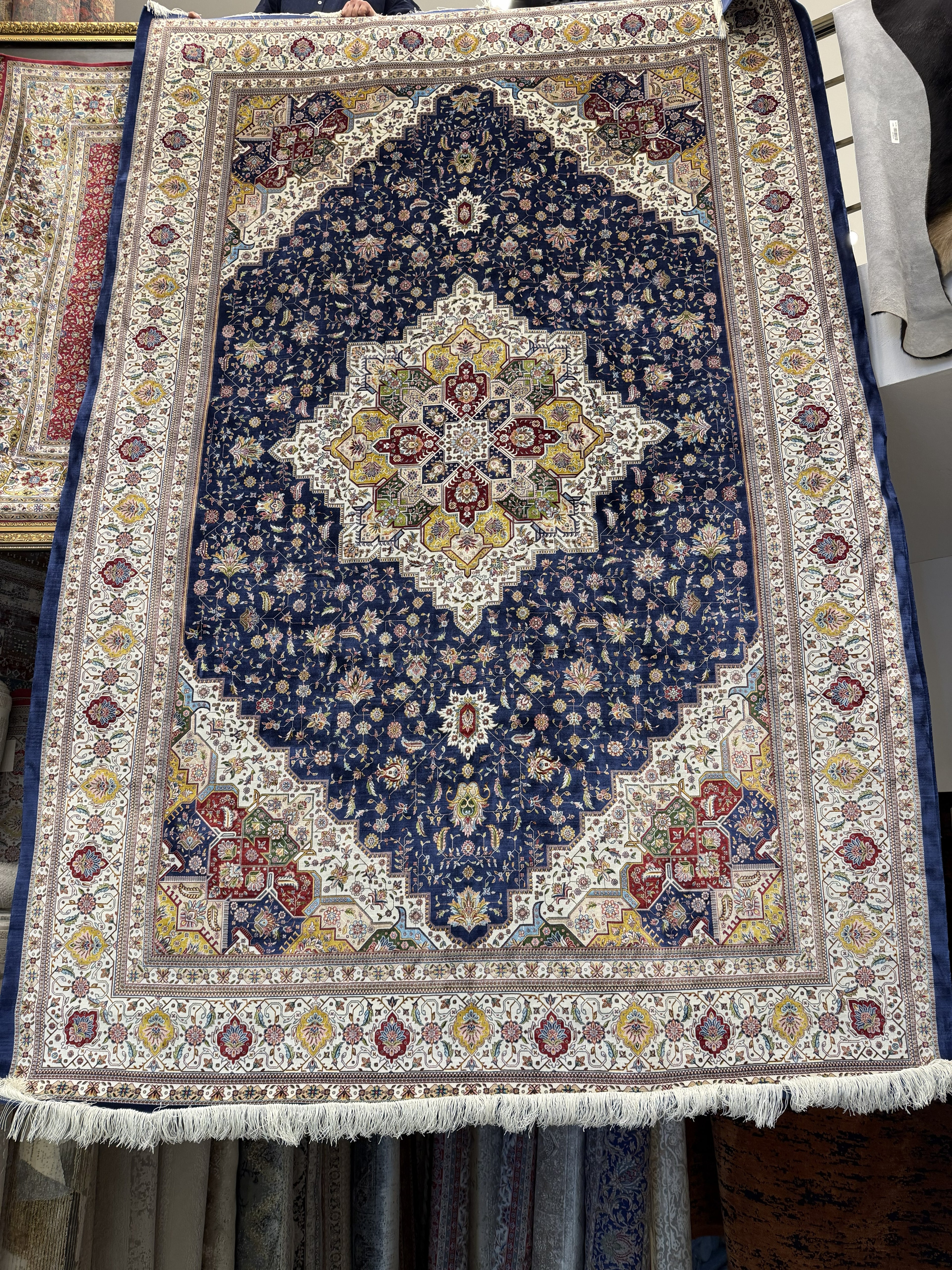 Turkish Silk Area Rug 7x10 Ft Navy Blue Floral Machine-Woven Luxury Carpet