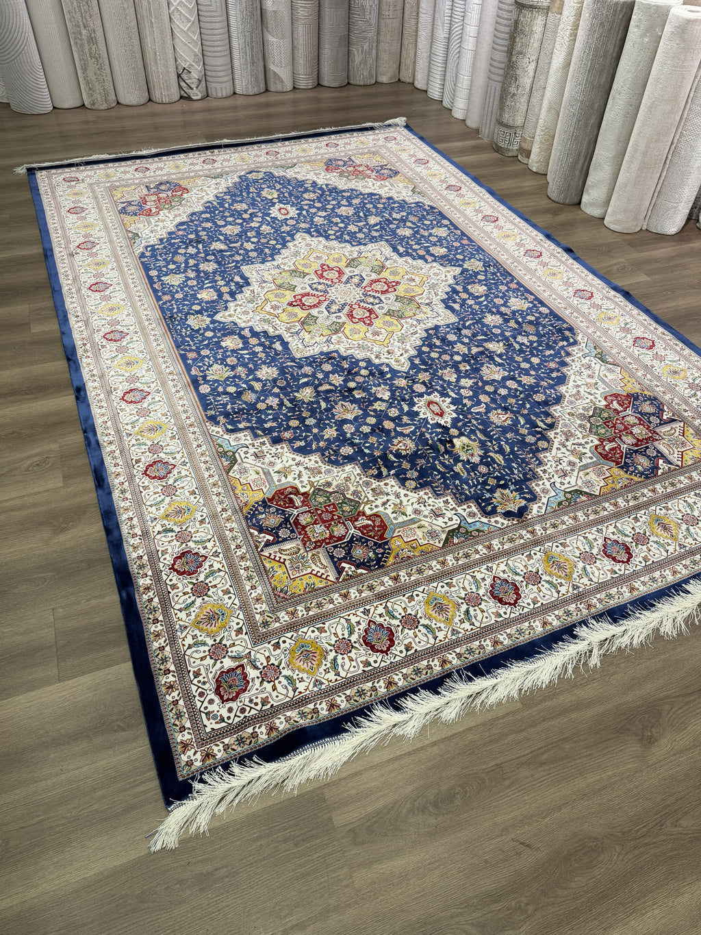 Turkish Silk Area Rug 7x10 Ft Navy Blue Floral Machine-Woven Luxury Carpet