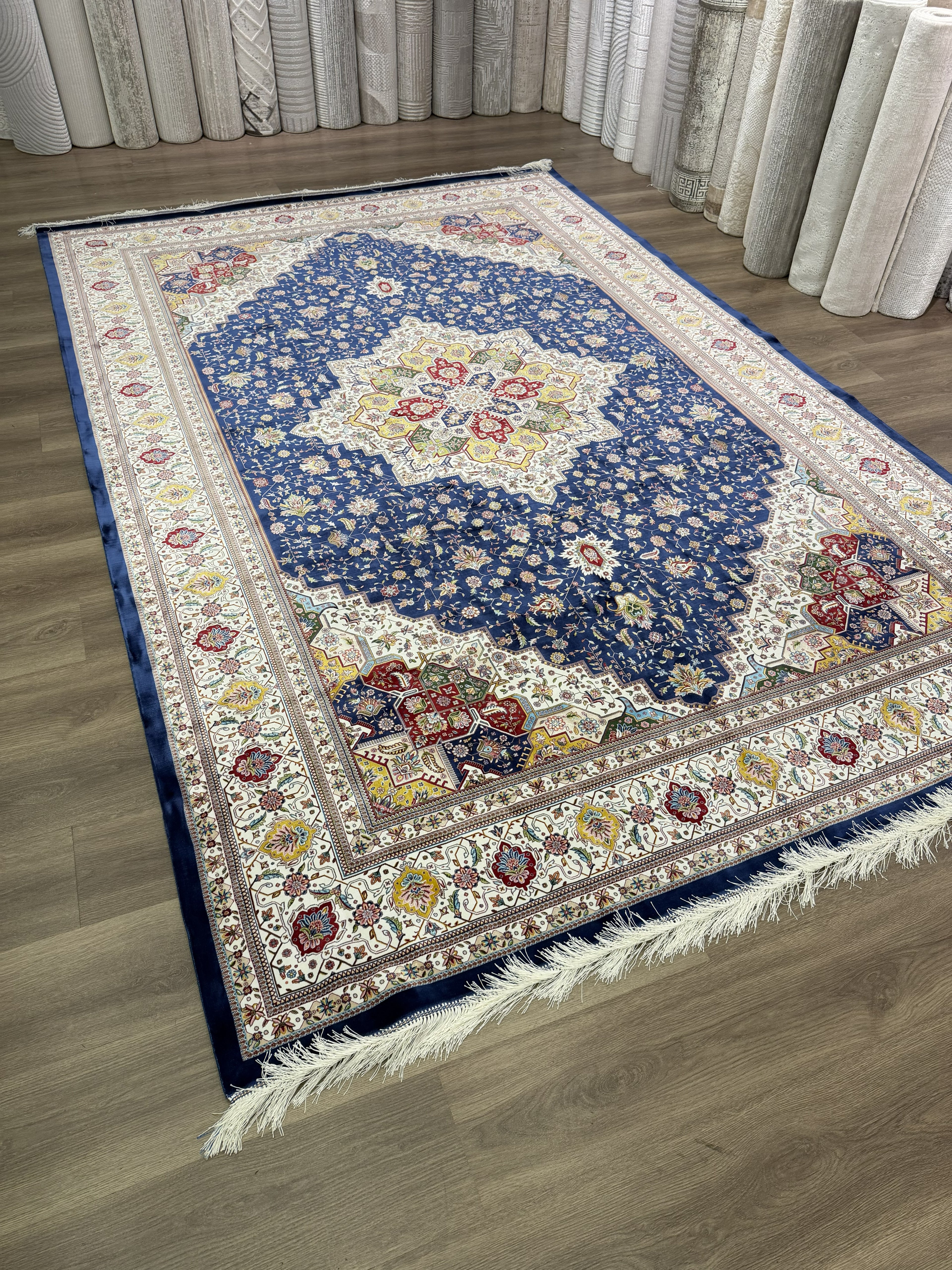 Turkish Silk Area Rug 7x10 Ft Navy Blue Floral Machine-Woven Luxury Carpet