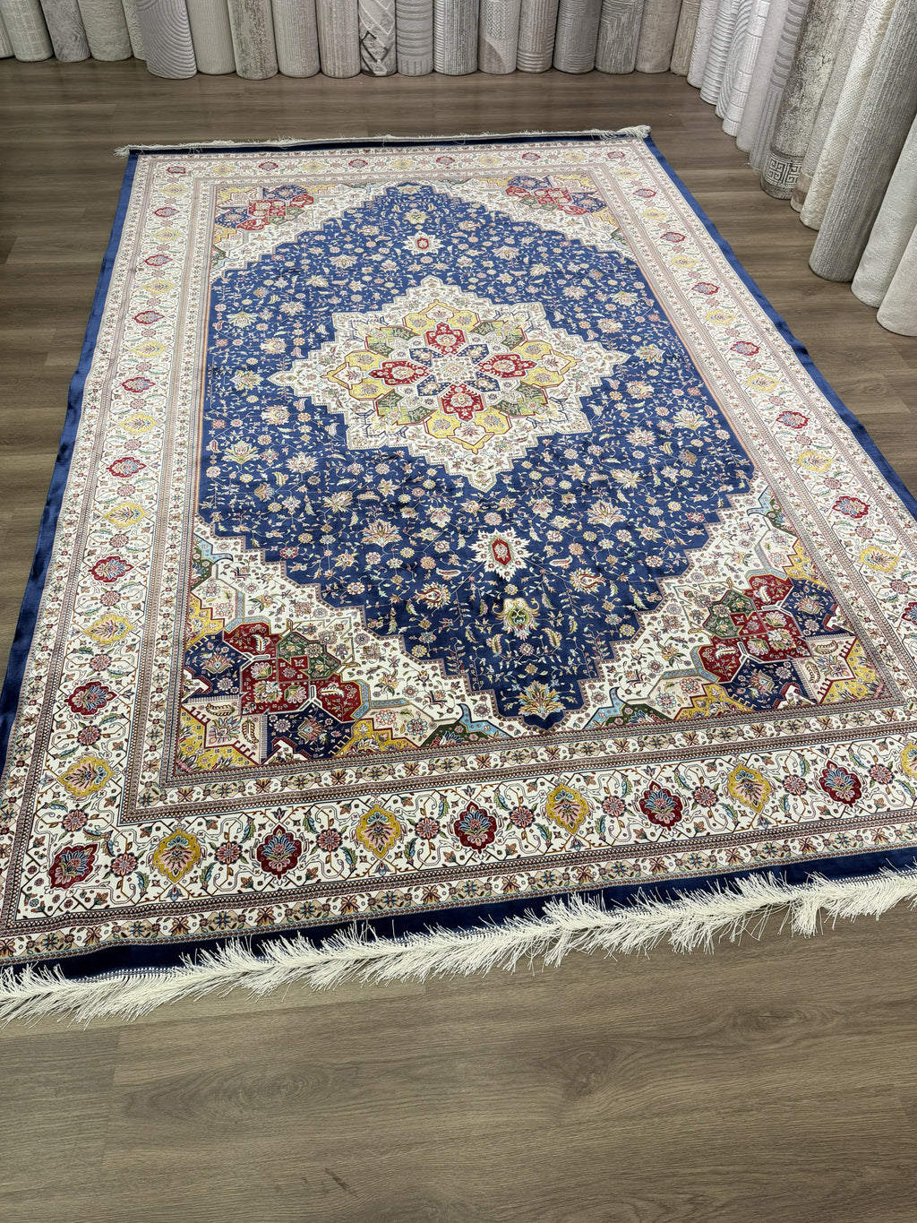 Turkish Silk Area Rug 7x10 Ft Navy Blue Floral Machine-Woven Luxury Carpet