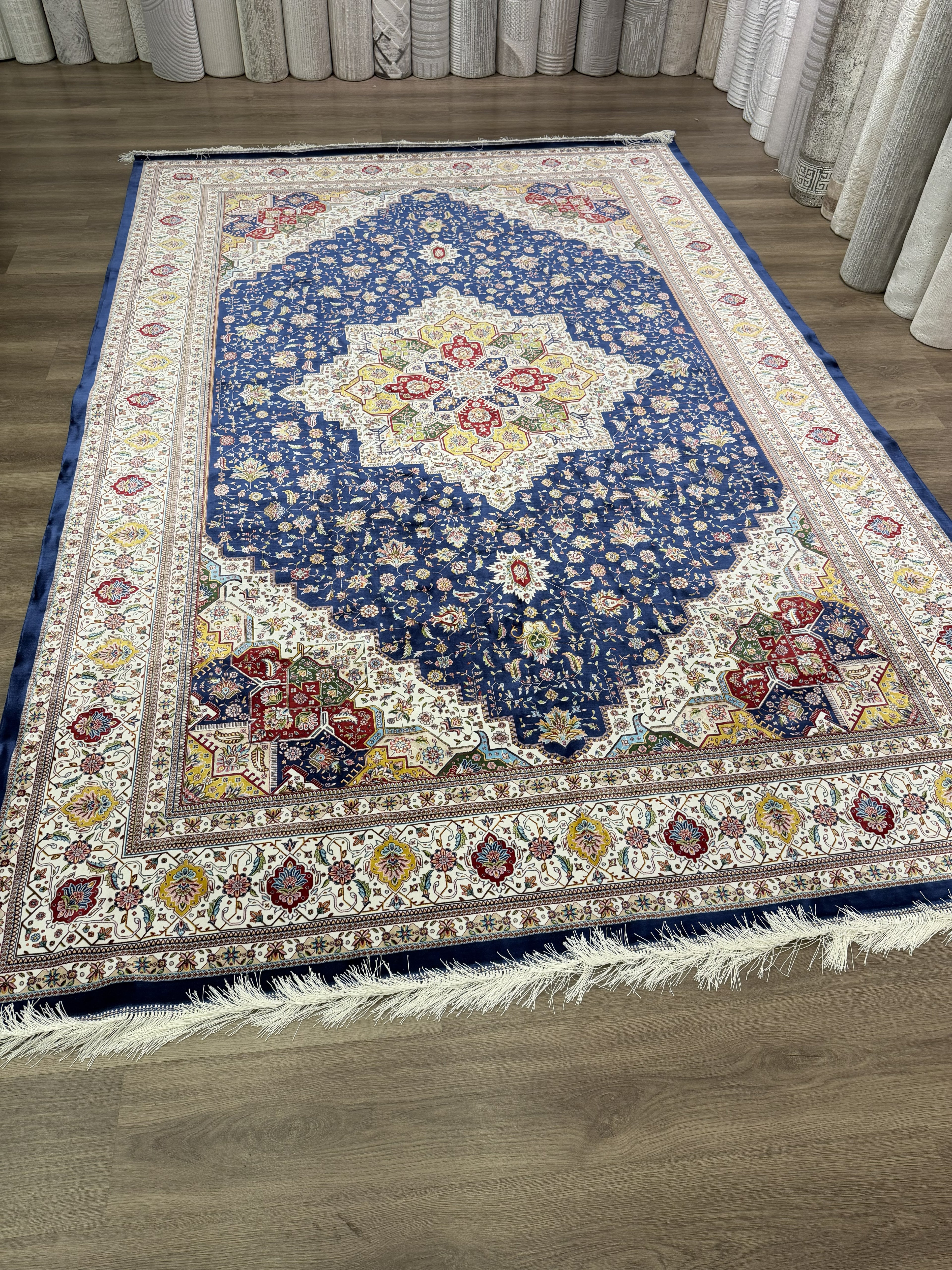 Turkish Silk Area Rug 7x10 Ft Navy Blue Floral Machine-Woven Luxury Carpet