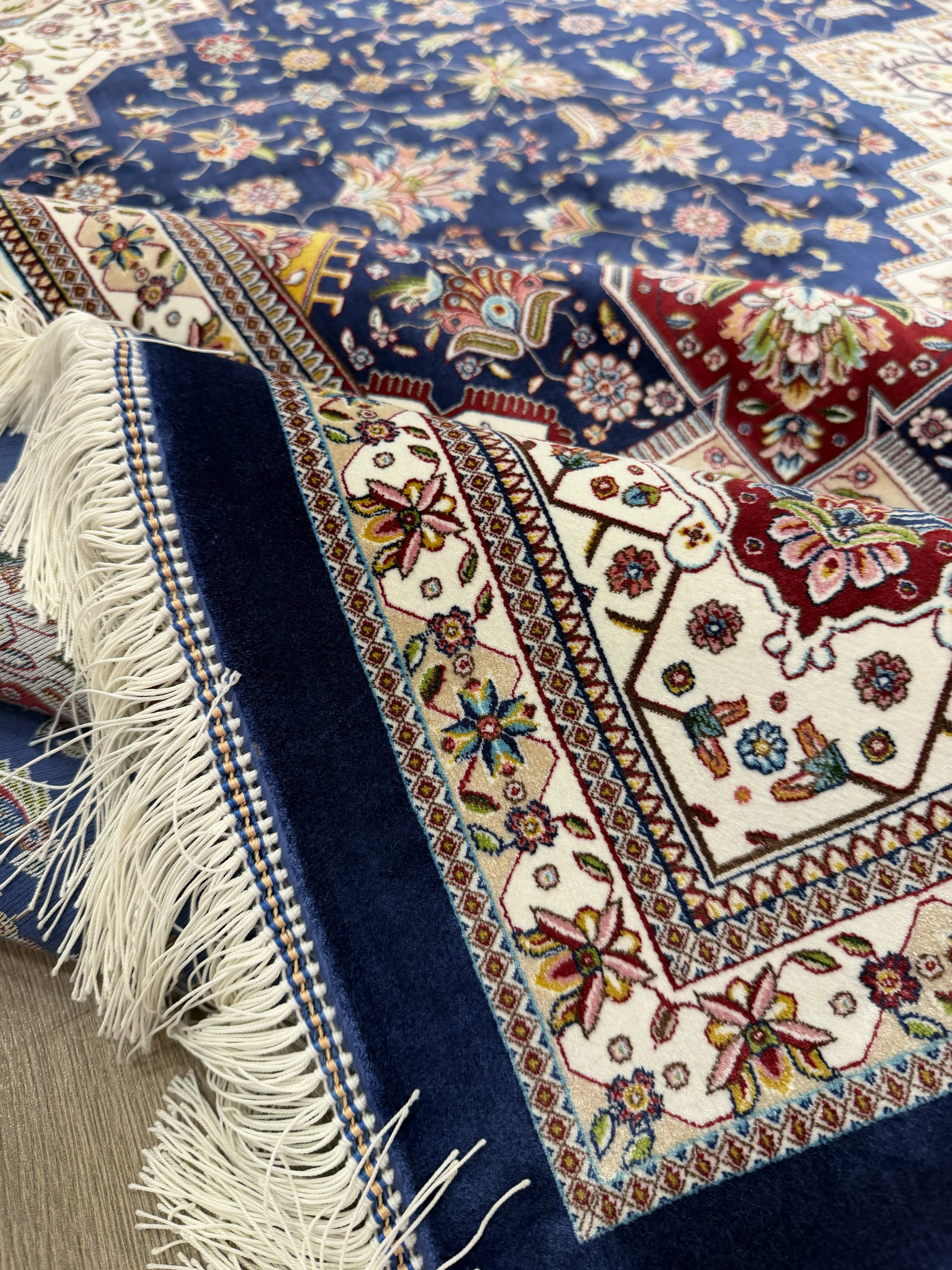 Turkish Silk Area Rug 7x10 Ft Navy Blue Floral Machine-Woven Luxury Carpet