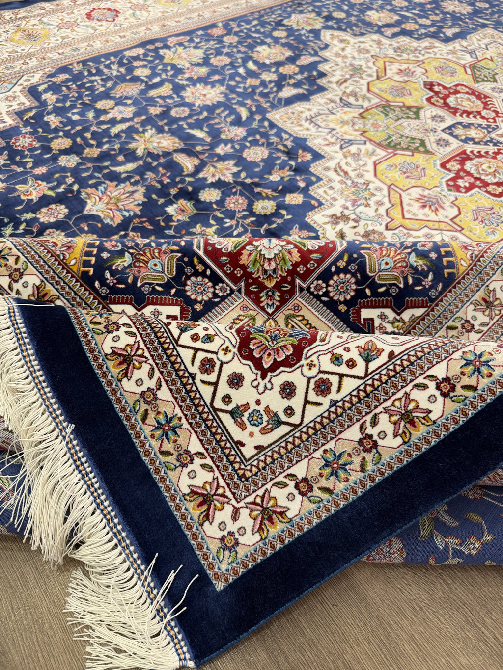 Turkish Silk Area Rug 7x10 Ft Navy Blue Floral Machine-Woven Luxury Carpet