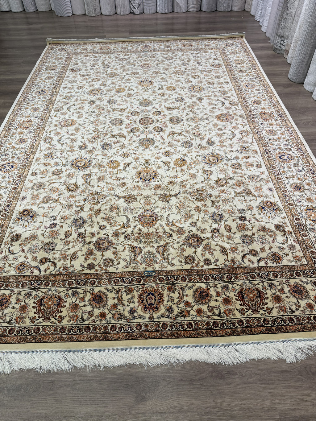 Luxury Turkish Silk Rug 7x10 Ft Beige Ivory Oriental Area Carpet Handmade Fringe