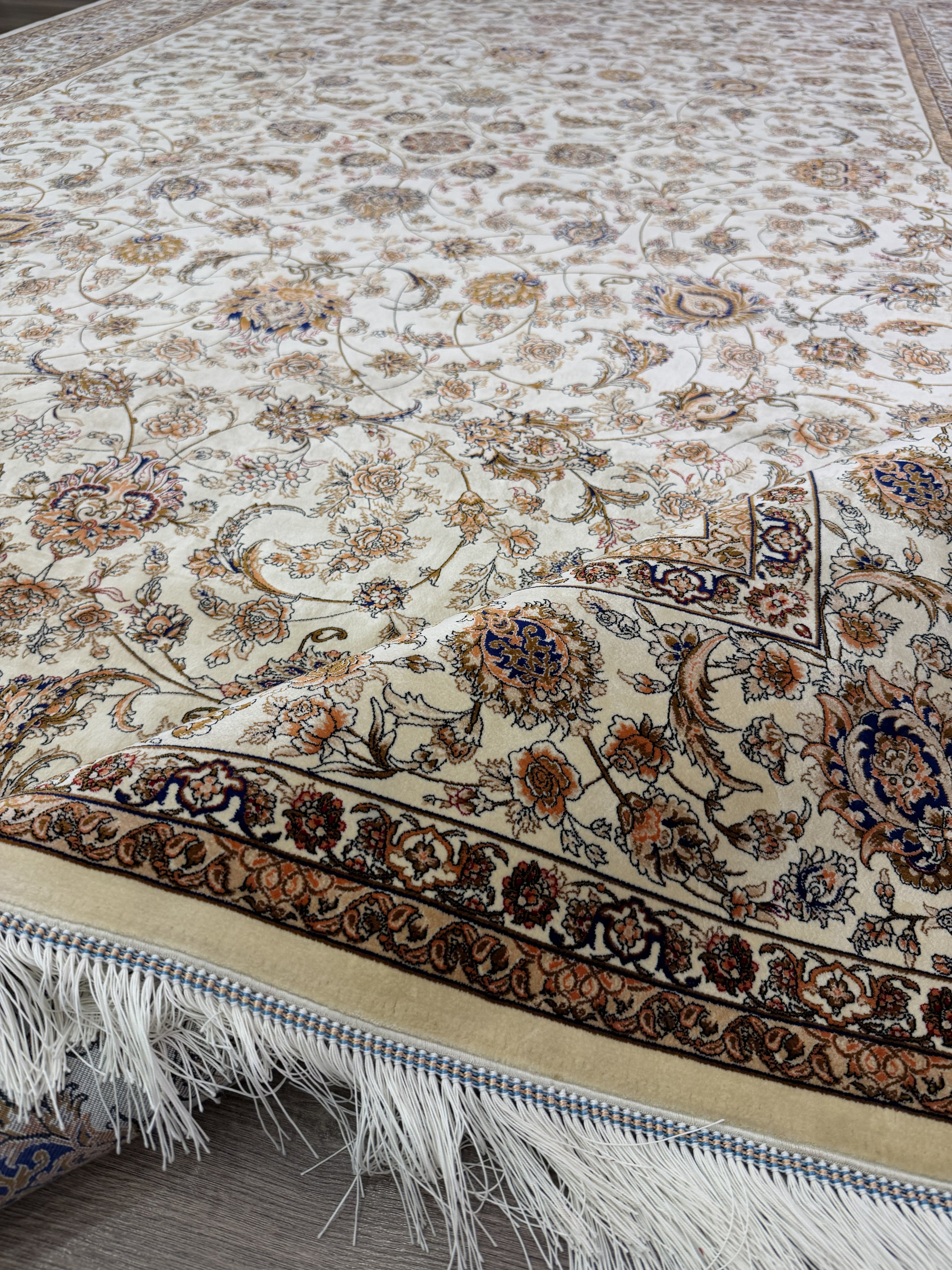 Luxury Turkish Silk Rug 7x10 Ft Beige Ivory Oriental Area Carpet Handmade Fringe