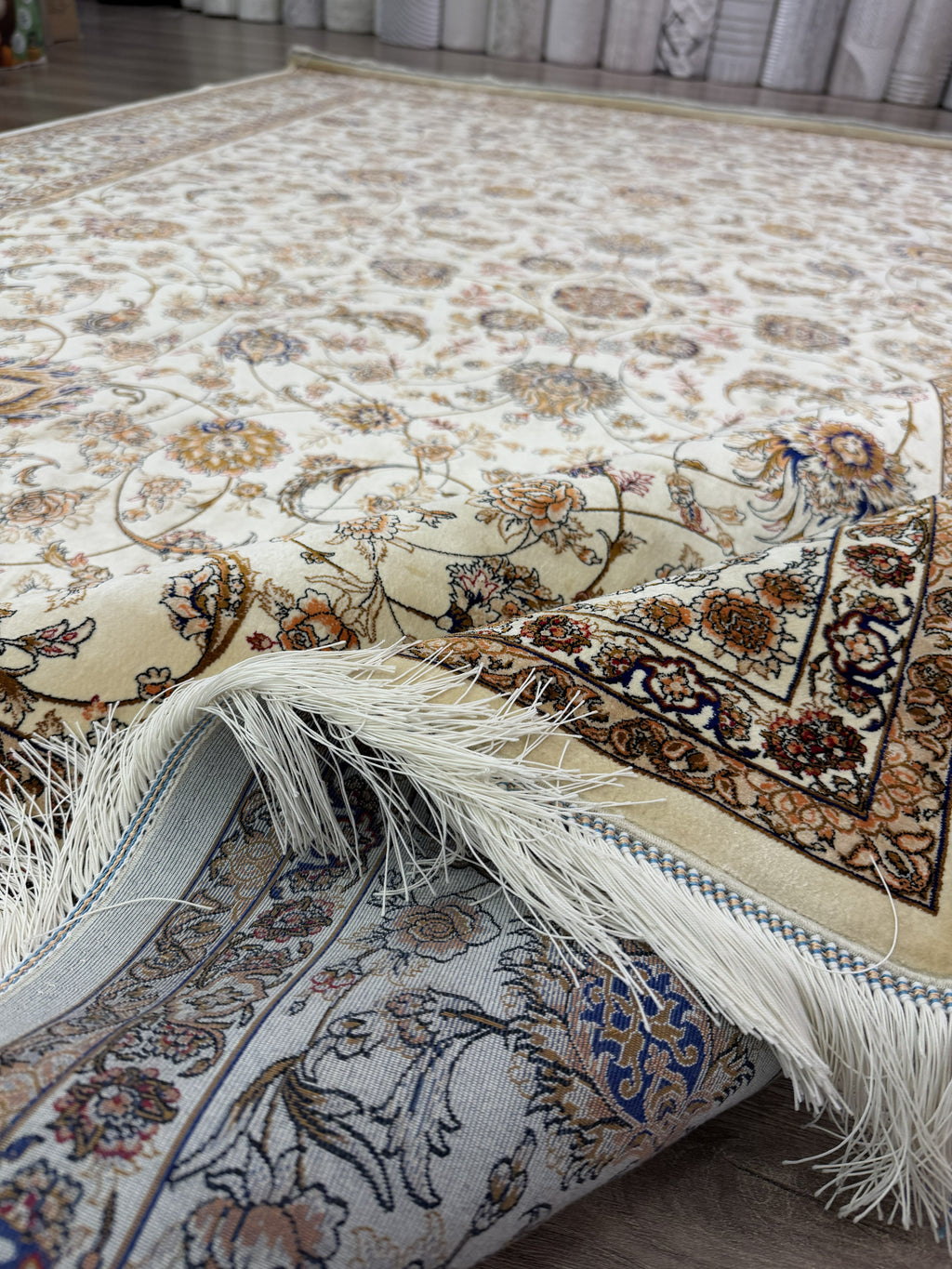Luxury Turkish Silk Rug 7x10 Ft Beige Ivory Oriental Area Carpet Handmade Fringe