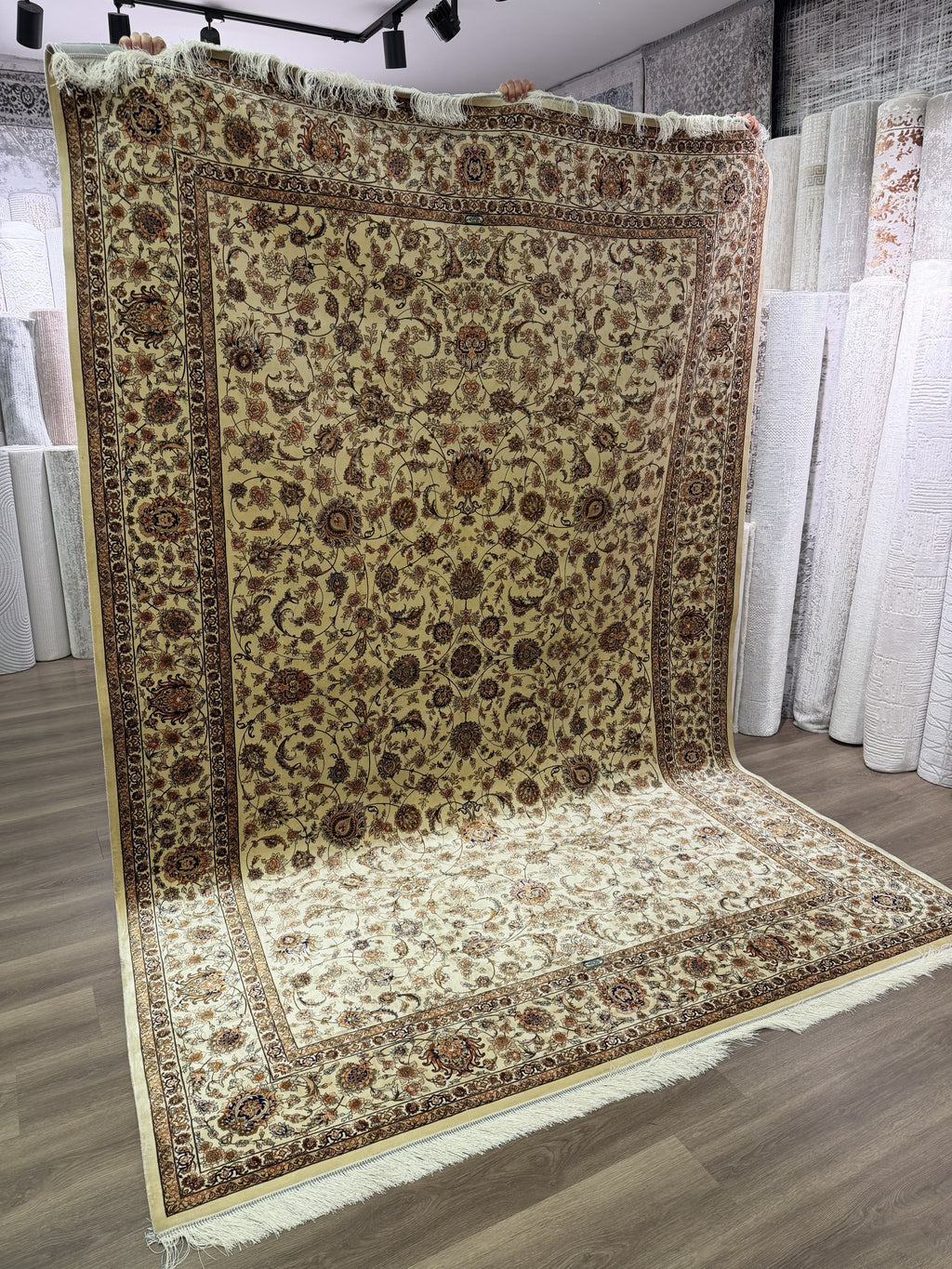 Luxury Turkish Silk Rug 7x10 Ft Beige Ivory Oriental Area Carpet Handmade Fringe