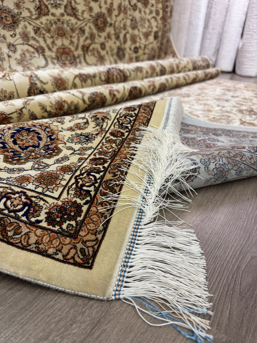 Luxury Turkish Silk Rug 7x10 Ft Beige Ivory Oriental Area Carpet Handmade Fringe