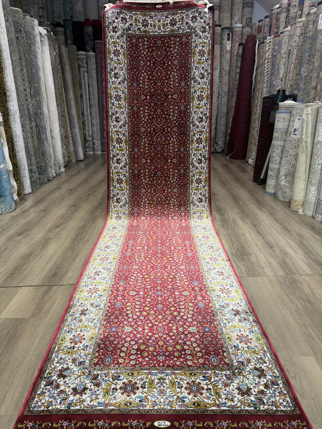 3x10 Turkish Silk Runner Rug Ivory Red Oriental Hallway Runner brand new