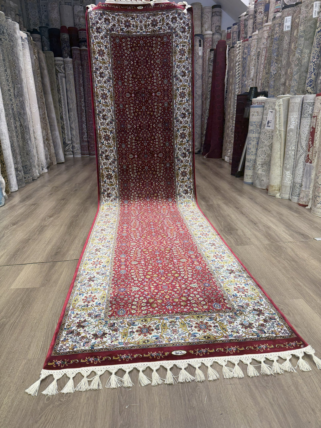 3x10 Turkish Silk Runner Rug Ivory Red Oriental Hallway Runner brand new