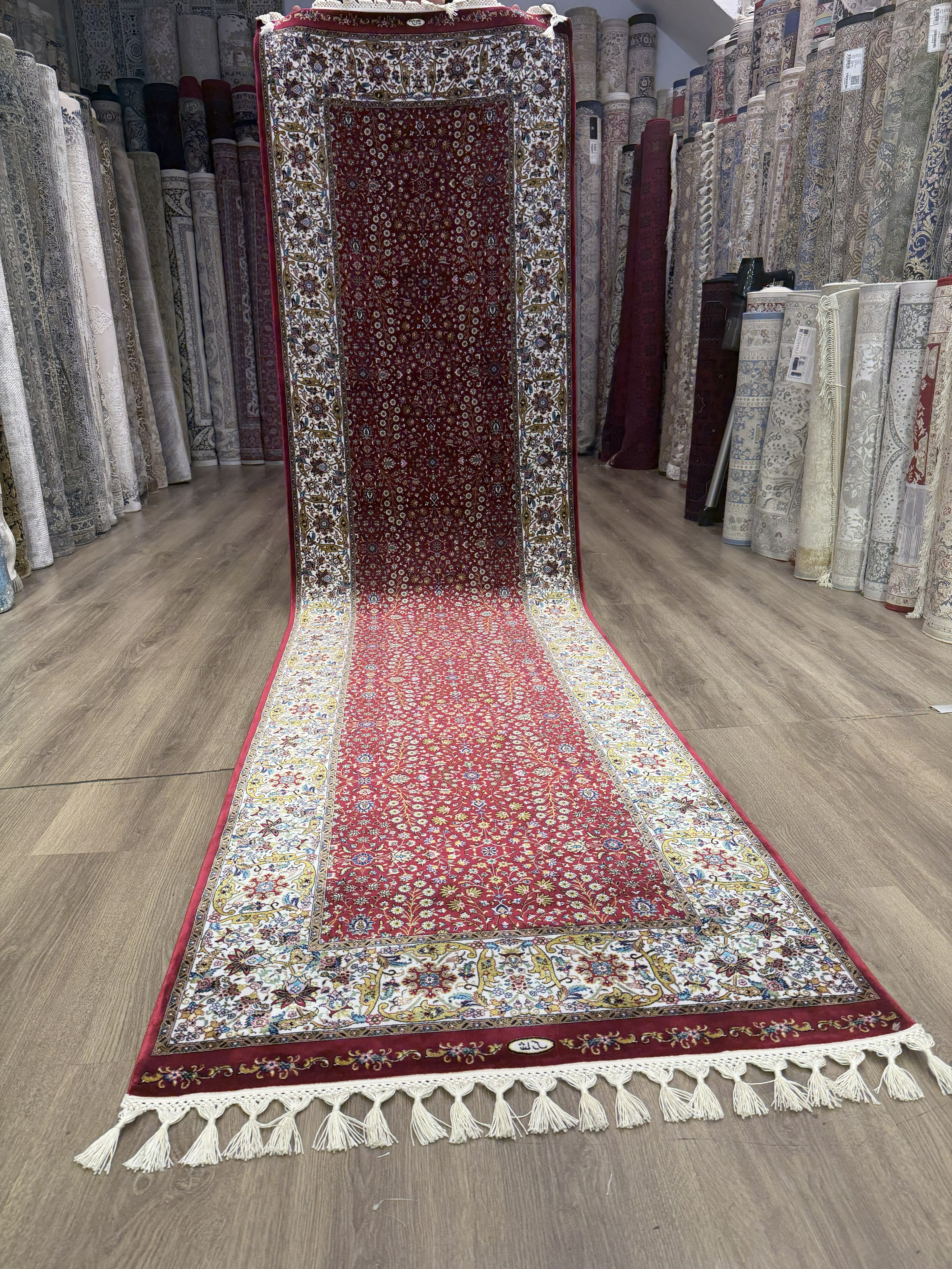 3x10 Turkish Silk Runner Rug Ivory Red Oriental Hallway Runner brand new