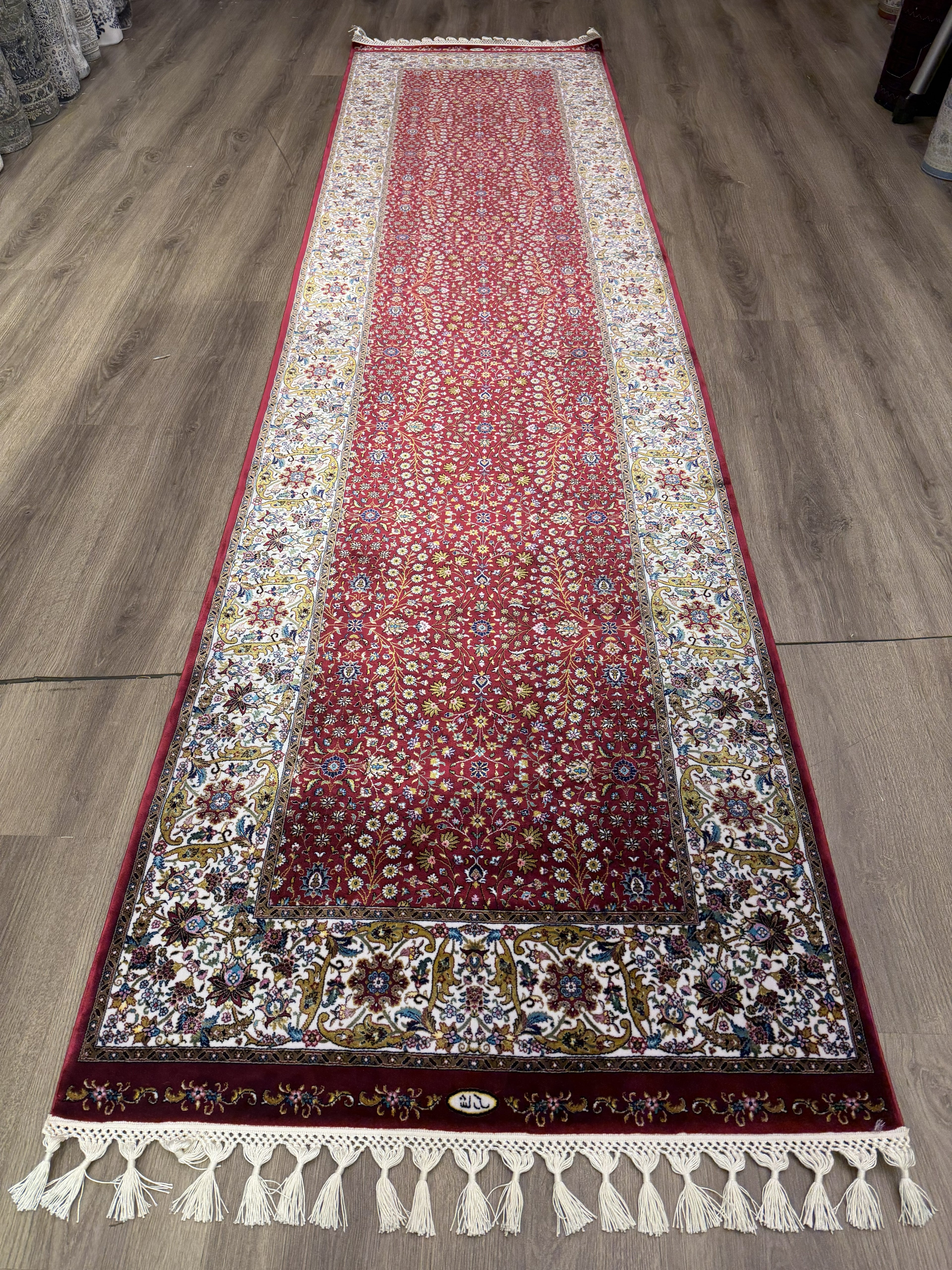 3x10 Turkish Silk Runner Rug Ivory Red Oriental Hallway Runner brand new