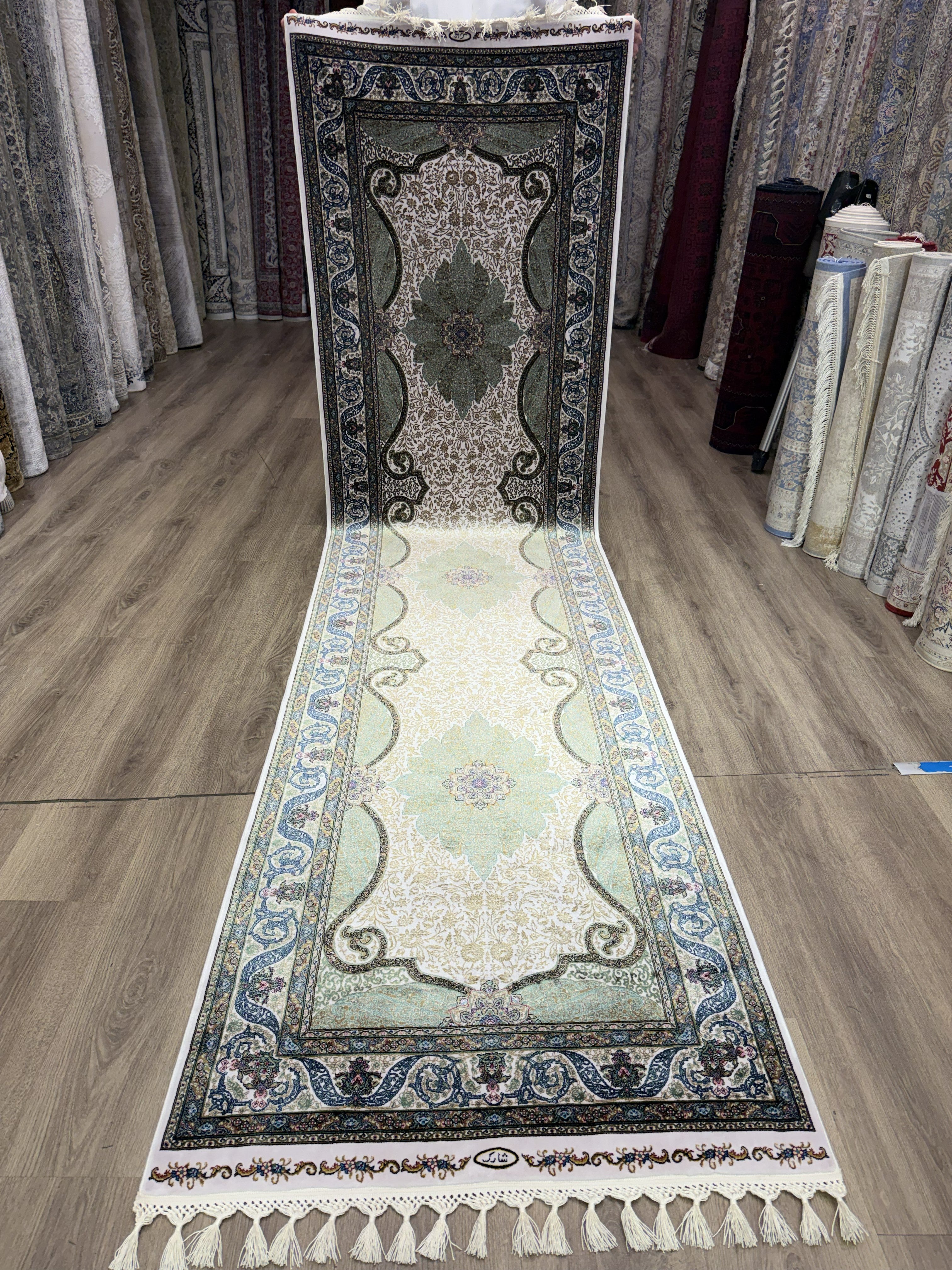 Luxury Turkish Silk Runner Rug 3x10 Green Ivory Oriental Hallway Rug brand new