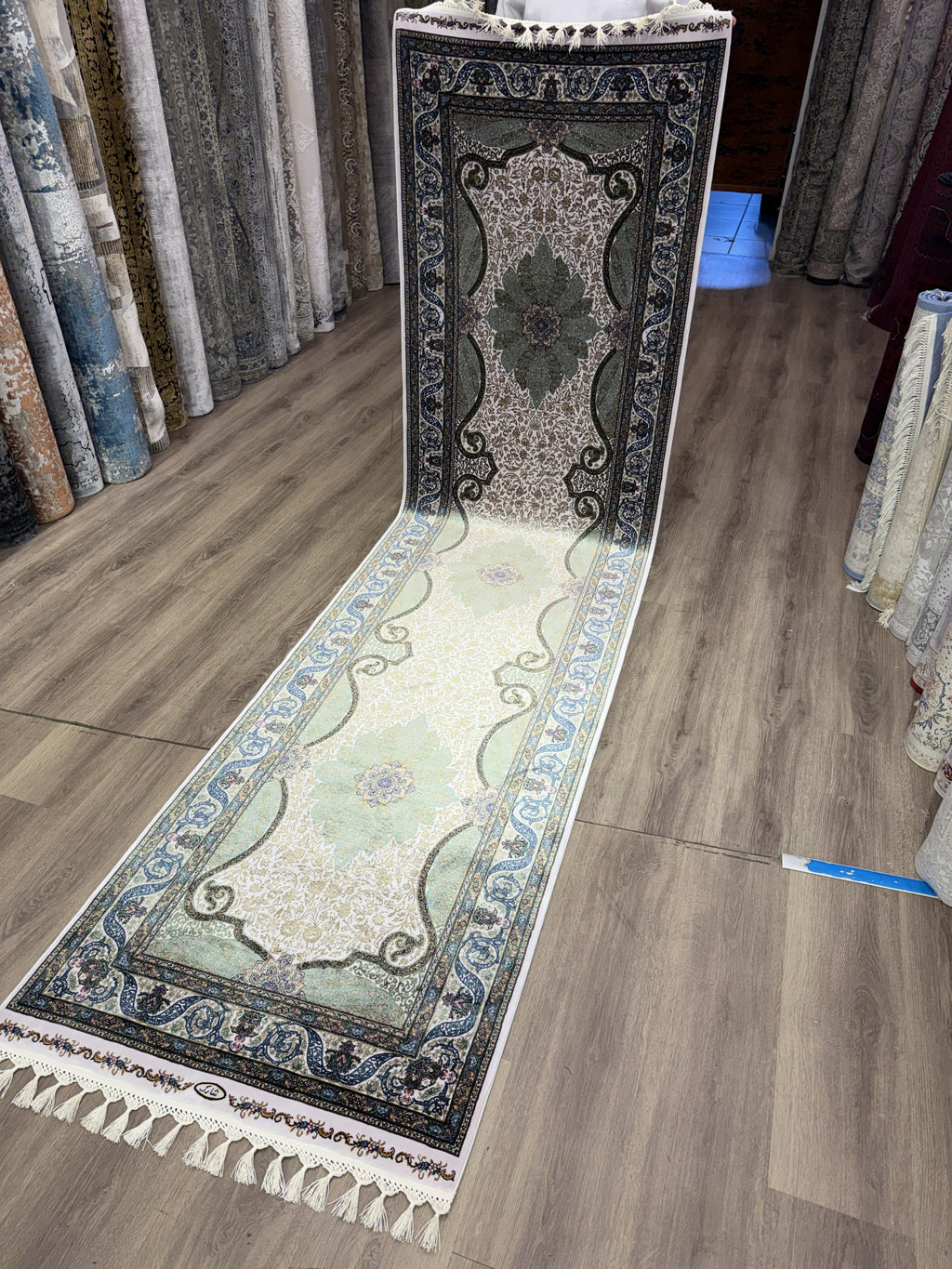 Luxury Turkish Silk Runner Rug 3x10 Green Ivory Oriental Hallway Rug brand new